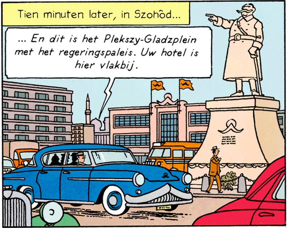La statue de Pleksy-Gladz et la voiture bleue dans L'Affaire Tournesol